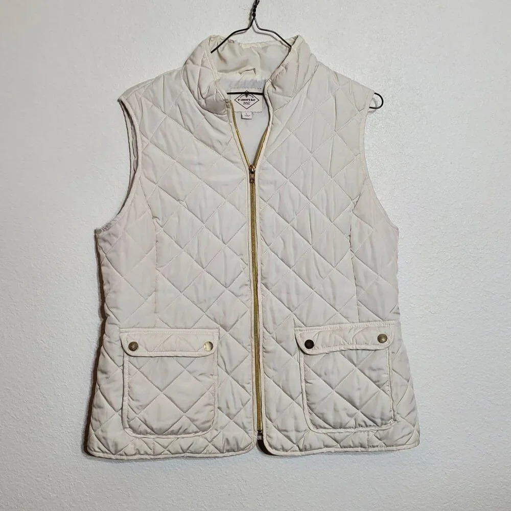 St. Johns Bay Womens Quilted Puffer Vest Large off white 2 Pockets Gold Zip‎